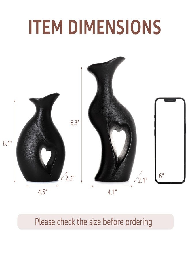 Meltset M Black Ceramic Vases Set of 2, Hollowed Heart Flower Vase for Modern Nordic Boho Home Decor, Minimalist Table Centerpiece for Wedding, Living Room, Office, Bookshelf, Entryway, Mother's Gift (Matte) - Image 2